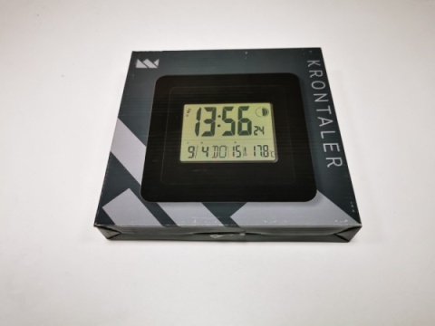 Cyfrowy zegar radiowy czarny kwadratowy - automatyczna zmiana czasu, alarmy, temperatura, 7 języków