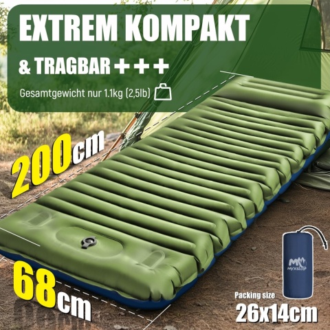 Samopompująca mata kempingowa 200×68×12 cm z poduszką i pompką nożną, ultralekka
