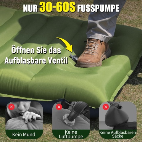 Samopompująca mata kempingowa 200×68×12 cm z poduszką i pompką nożną, ultralekka